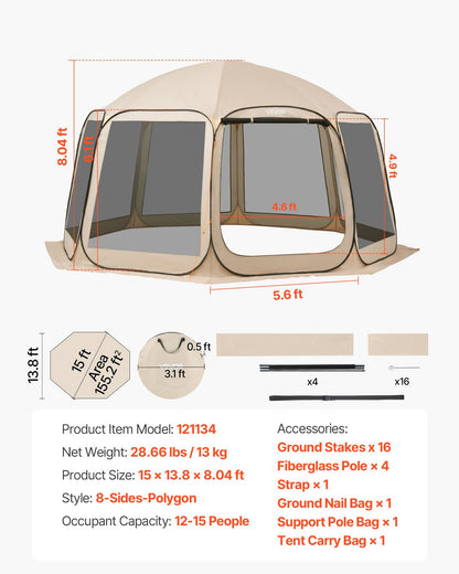 Screen House Tent, 4500 x 4250 x 2450 mm, 12-15 Person Pop Up Screen Tent, Portable Screened in Canopy with Carry Bag, Netting Sides, Ground Stakes, for Garden, Patio, Outdoor Activities, Beige