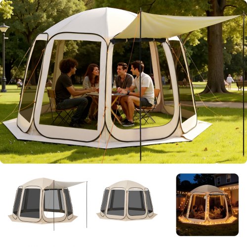Screen House Tent, 3660 x 3380 x 2300 mm, 10-12 Person Pop Up Screen Tent with Extended Awning, Portable Screened in Canopy with Carry Bag, Netting Sides, for Patio, Outdoor Activities, Beige