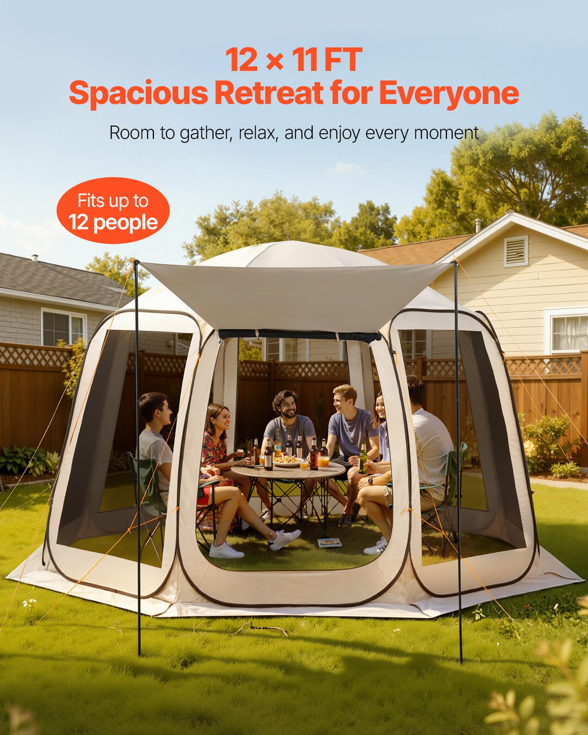 Screen House Tent, 3660 x 3380 x 2300 mm, 10-12 Person Pop Up Screen Tent with Extended Awning, Portable Screened in Canopy with Carry Bag, Netting Sides, for Patio, Outdoor Activities, Beige