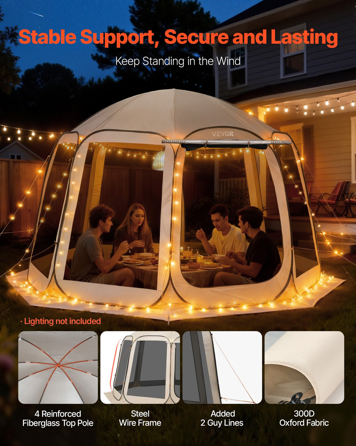Screen House Tent, 3660 x 3380 x 2300 mm, 10-12 Person Pop Up Screen Tent with Extended Awning, Portable Screened in Canopy with Carry Bag, Netting Sides, for Patio, Outdoor Activities, Beige