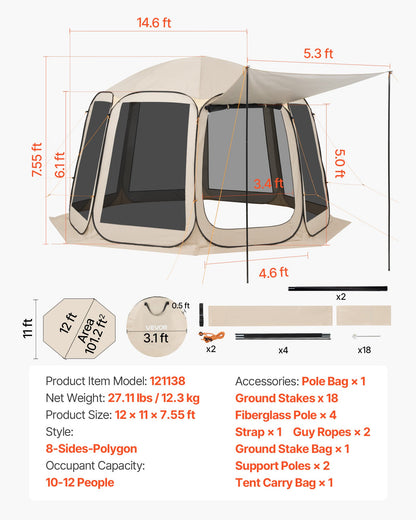 Screen House Tent, 3660 x 3380 x 2300 mm, 10-12 Person Pop Up Screen Tent with Extended Awning, Portable Screened in Canopy with Carry Bag, Netting Sides, for Patio, Outdoor Activities, Beige