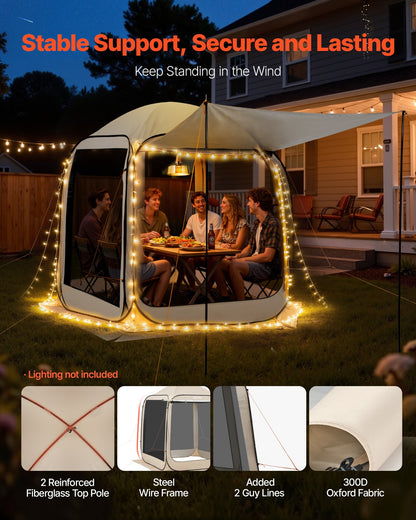 Screen House Tent, 1825 x 1825 x 2200 mm, 4-6 Person Pop Up Screen Tent with Extended Awning, Portable Screened in Canopy with Carry Bag, Netting Sides, for Patio, and Outdoor Activities, Beige