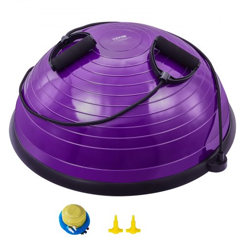 Halv träningsbolltränare, 23 tums balansbolltränare, 290 kg stabilitetsboll, yogaboll med motståndsband och fotpump, styrketräningsboll för hemmagym, helkroppsträning, lila