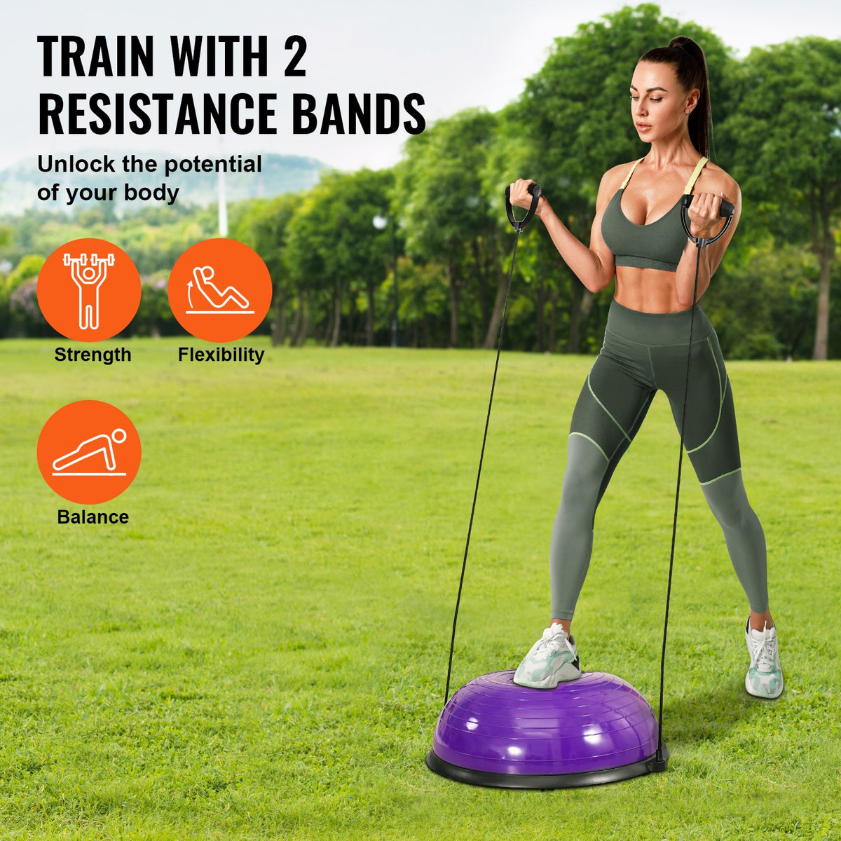 Halv träningsbolltränare, 23 tums balansbolltränare, 290 kg stabilitetsboll, yogaboll med motståndsband och fotpump, styrketräningsboll för hemmagym, helkroppsträning, lila