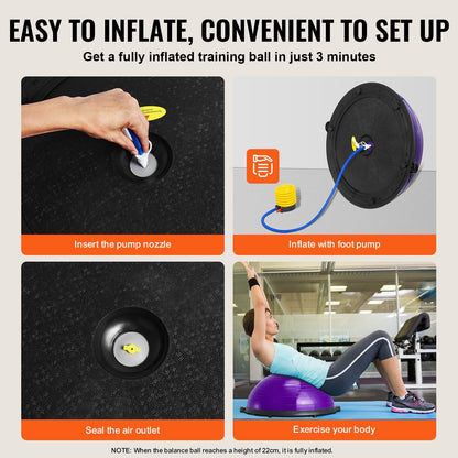 Halv träningsbolltränare, 23 tums balansbolltränare, 290 kg stabilitetsboll, yogaboll med motståndsband och fotpump, styrketräningsboll för hemmagym, helkroppsträning, lila