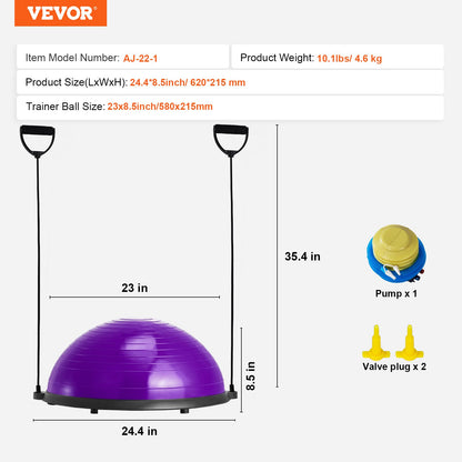 Halv träningsbolltränare, 23 tums balansbolltränare, 290 kg stabilitetsboll, yogaboll med motståndsband och fotpump, styrketräningsboll för hemmagym, helkroppsträning, lila
