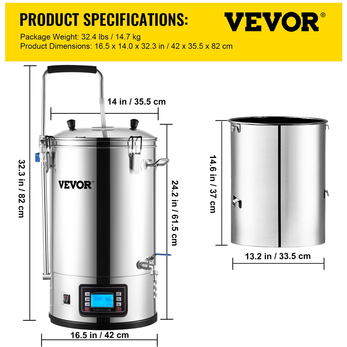 Elektriskt bryggsystem, 8 gallon/30 l, allt-i-ett-bryggare för hemmabruk med auto/manuellt läge, mäskkokningsenhet med 100-2500 W effekt, 25-100 ℃ temperatur, 1-180 min timer, cirkulationspump, receptminne, 2