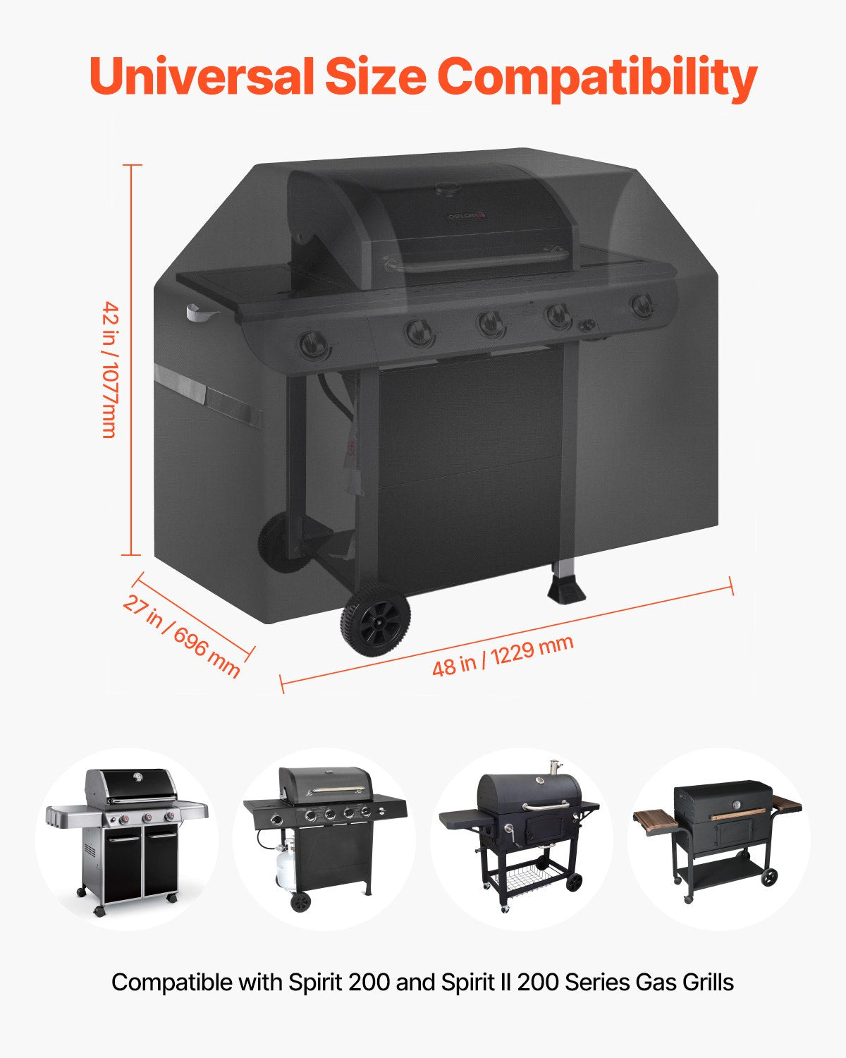 Grillöverdrag, 48 tums grillöverdrag för utomhusgrillar, vattentätt, blekningsbeständigt, väderbeständigt, kraftigt 600D polyester, enkelt på och av, med kardborreband, svart