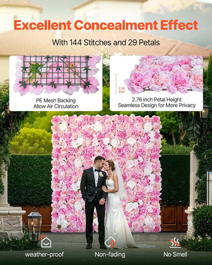 3D-blomväggpanel, 12 st 15 x 15 tum, konstgjord blomväggbakgrundsnätmatta, sömlös design och enkel installation för bröllop, alla hjärtans dag, hem, babyfest, bakgrundsdekor, rosa