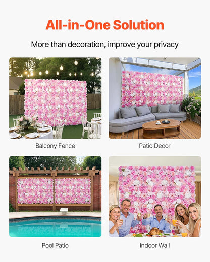 3D-blomväggpanel, 12 st 15 x 15 tum, konstgjord blomväggbakgrundsnätmatta, sömlös design och enkel installation för bröllop, alla hjärtans dag, hem, babyfest, bakgrundsdekor, rosa
