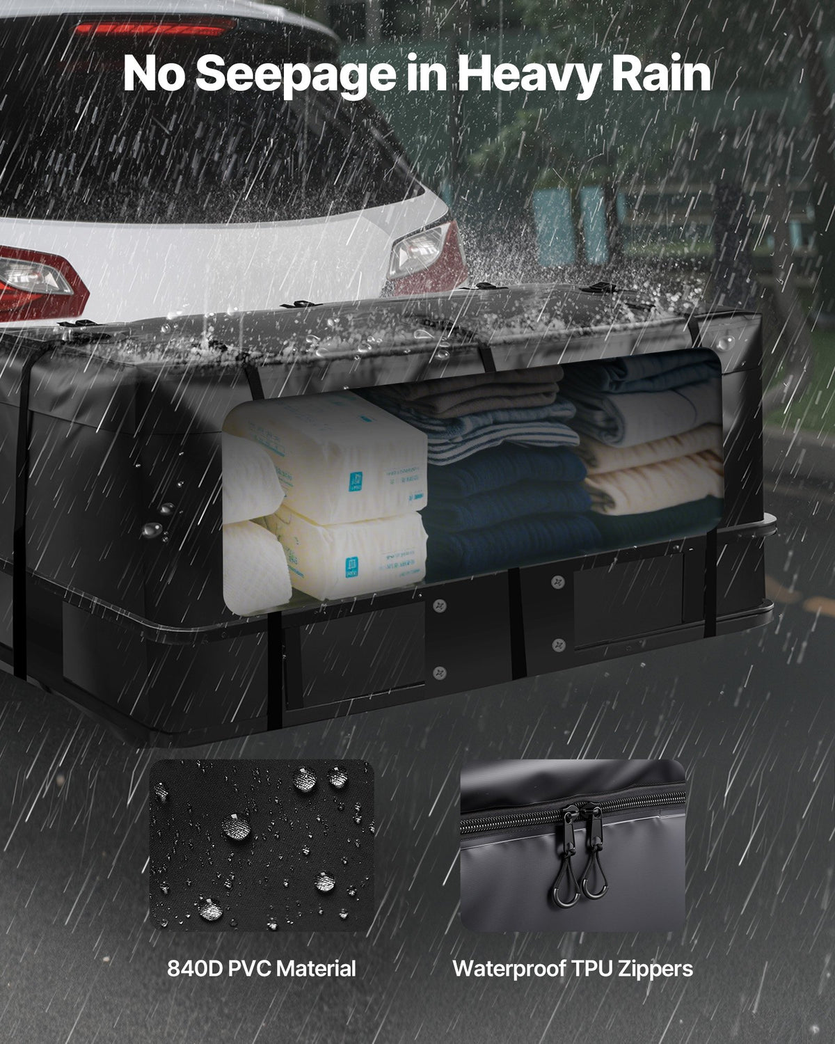 Bärväska för dragkrok, vattentät 840D PVC, 57,48 x 19,49 x 23,82 tum (16 kubikfot), kraftig lastväska för förvaring av lastbilsflak med förstärkta remmar, lämplig för bil, SUV, skåpbil, dragkrokskorg