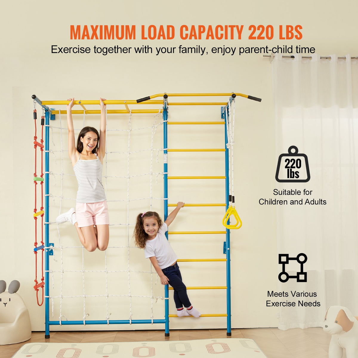Indoor Jungle Gym for Toddlers, 7-in-1 Climbing Playset with Carbon Steel Swedish Ladder, Wall Ladder, Pull-Up Bar, Rope Ladder, and Gymnastic Rings, Supports 220 lbs, Multicolor
