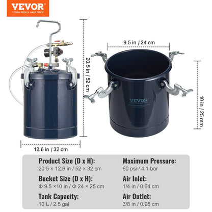 Spray Paint Pressure Pot Tank, 10L/2.5gal Air Paint Pressure Pot, 1.5mm+4mm Two Nozzles Two Spray Paint Guns for Industry Home Decor Architecture Construction Automotive Painting, 60PSI Max