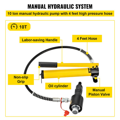 Hydraulisk avgasrörsexpanderare, storlek 4,1 till 10,8 cm, 10 T manuell hydraulisk rörsträckare med 4 gängor och 2 förvaringsfodral för koppar- och aluminiumrör vid bilreparationer