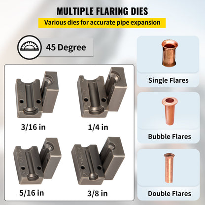 Bromsledningsutvidgningsverktyg, 45 graders enkel-, dubbel- och bubbelutvidgning för rörstorlekar 3/16", 1/4", 5/16" och 3/8", lämplig för mjuk metall eller kopparledningar