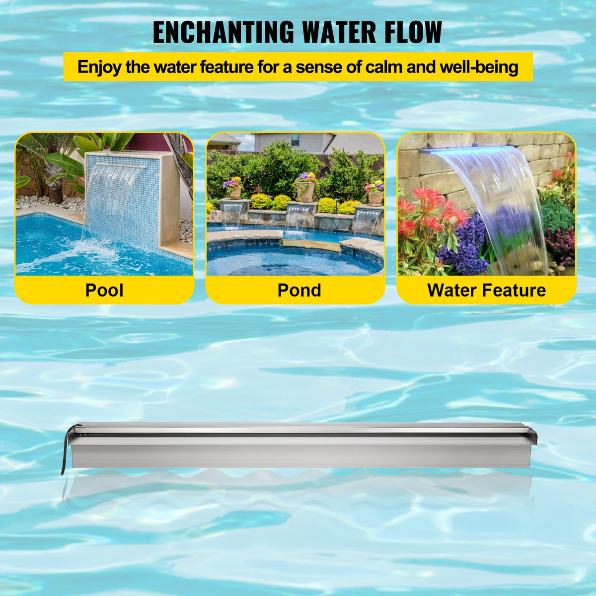 Utlopp för vattenfall i pool 120x11,5x8 cm rostfritt stål, vattenfallsfontän för pool med färgglad LED-remsa, slangkoppling, fjärrkontroll, korrosionsbeständig för damm, utomhusträdgård