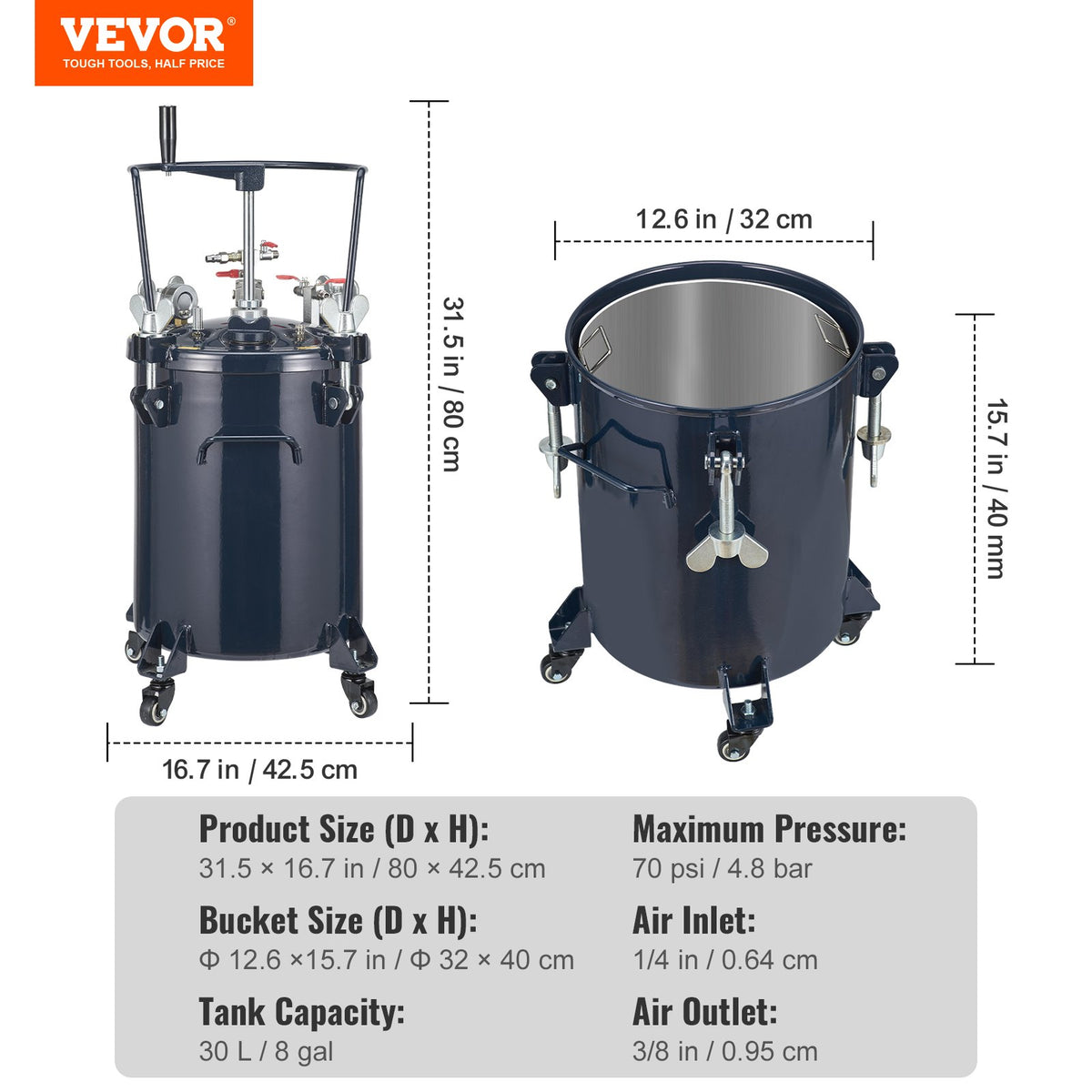Spray Paint Pressure Pot Tank, 30L/8gal Air Paint Pressure Pot with Manual Mixing Agitator, Leak Repair Sealant for Industry Home Decor Architecture Construction Automotive Painting, 70PSI Max