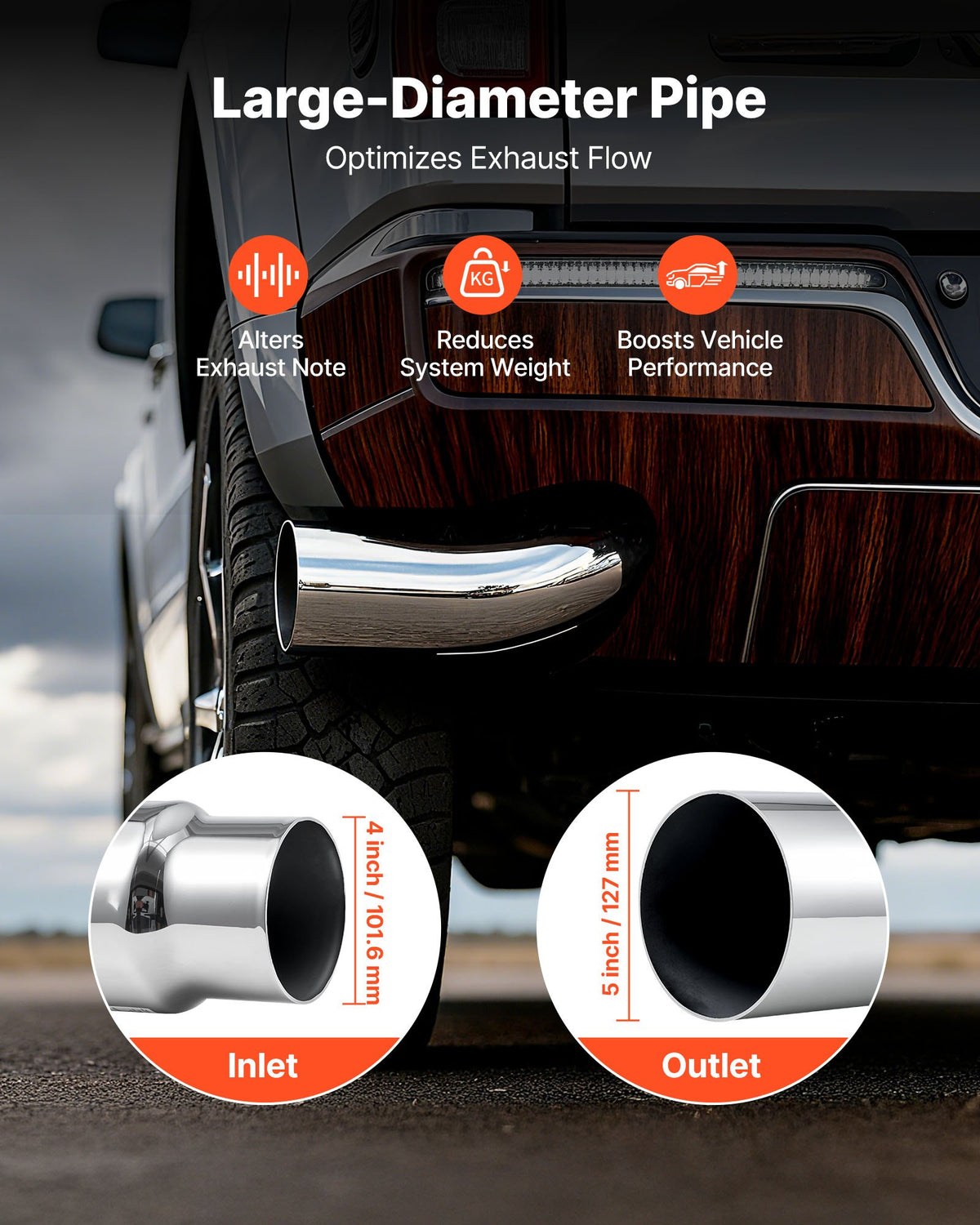 Elbow Exhaust Tip, 101.6mm Inlet, 127mm Outlet, 584mm Overall Length, Chrome Turn Down Exhaust Tip with Clamp for Truck, Sedan, Sports Car, SUV, Chrome Structure for High Temperature Resistance