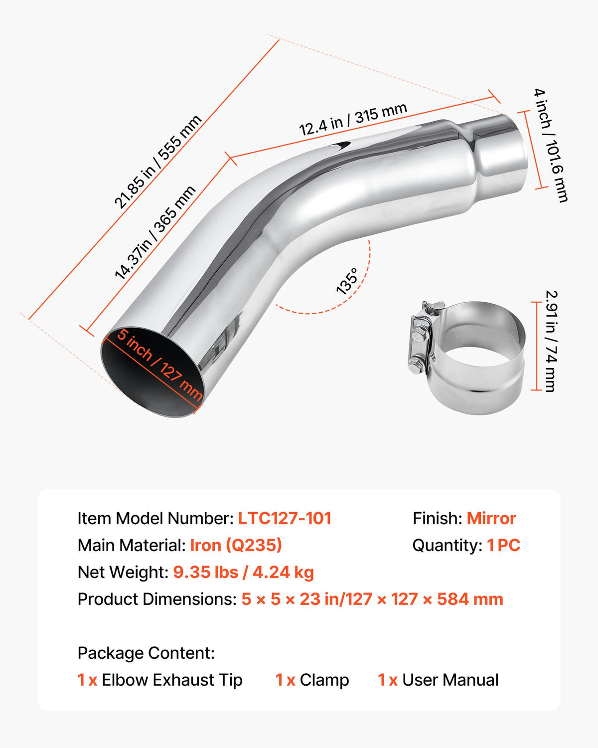 Elbow Exhaust Tip, 101.6mm Inlet, 127mm Outlet, 584mm Overall Length, Chrome Turn Down Exhaust Tip with Clamp for Truck, Sedan, Sports Car, SUV, Chrome Structure for High Temperature Resistance
