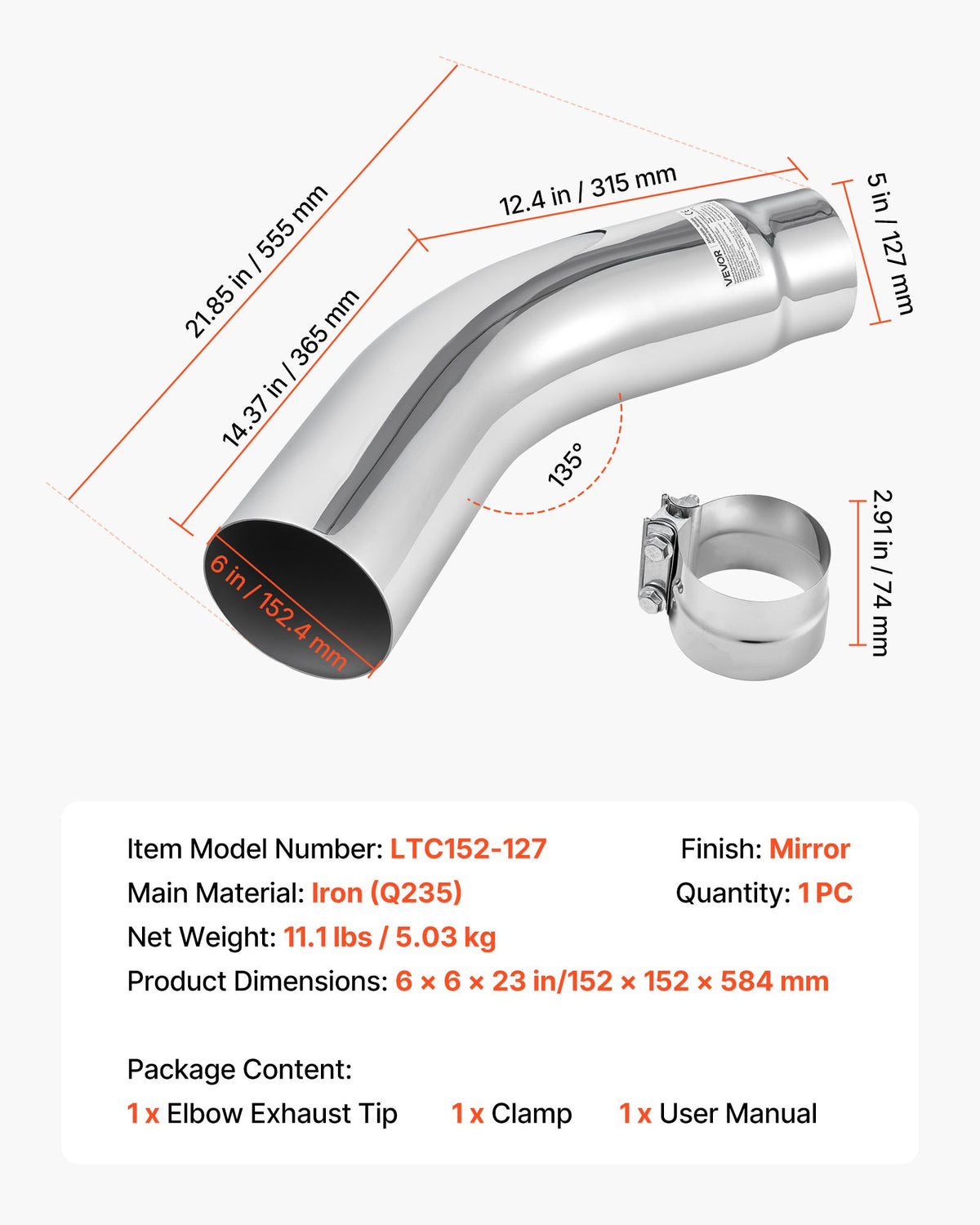 Elbow Exhaust Tip, 127mm Inlet, 152.4mm Outlet, 584mm Overall Length, Chrome Turn Down Exhaust Tip with Clamp for Truck, Sedan, Sports Car, SUV, Chrome Structure for High Temperature Resistance