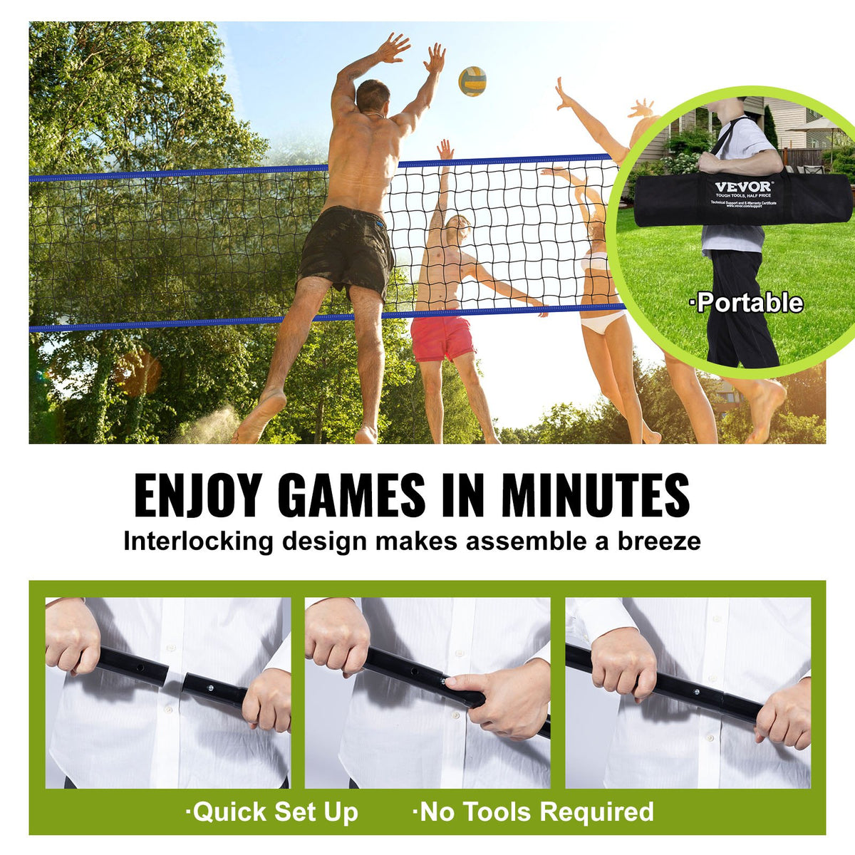 Bärbart volleybollnätssystem för utomhusbruk, justerbara stålstänger, professionellt volleybollset med PVC-volleyboll, pump, bärväska, kraftigt volleybollnät för trädgård, strand, gräsmatta