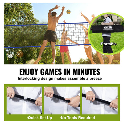 Bärbart volleybollnätssystem för utomhusbruk, justerbara stålstänger, professionellt volleybollset med PVC-volleyboll, pump, bärväska, kraftigt volleybollnät för trädgård, strand, gräsmatta