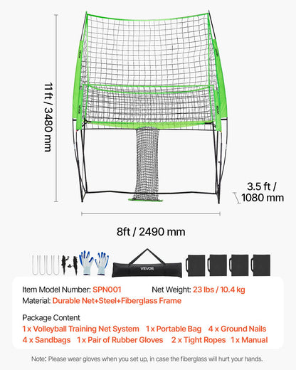 Volleybollträningsnätsystem, fritt höjdjusterbar träningsutrustning med bollretur, 8x11ft bärbar nätstation, enkel installation för bakgård inomhus utomhus servspikning förbättrar noggrannheten