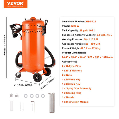 28 gallon vakuumsandbläster, dammfri sandbläster med inbyggt 1200W vakuumsystem för dammkontroll och återvinning av slipmedel, 60-110 PSI kraftig slipblästermaskin