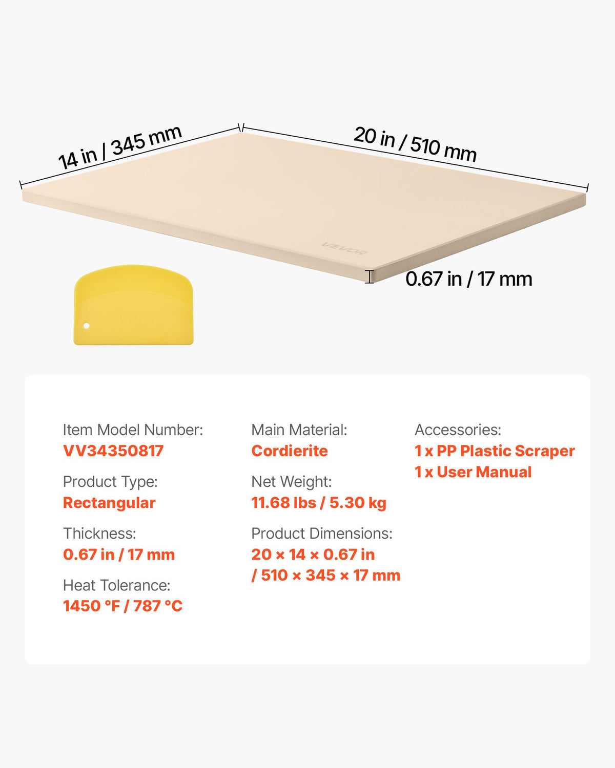 Pizzasten, 508 x 355 mm rektangulär pizzasten i kordierit, extra stor baksten med PP-skrapa, 17 mm tjock värmebeständig kordierit, för ugn, brödbakning och pizzor, grillning