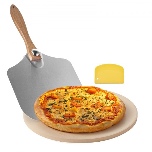 Pizzasten, 381 mm rund pizzasten i kordierit, extra stor baksten med aluminiumskal, 17 mm tjocklek, värmebeständig matlagningskordierit, för köksugn, pizzbakning, grillning