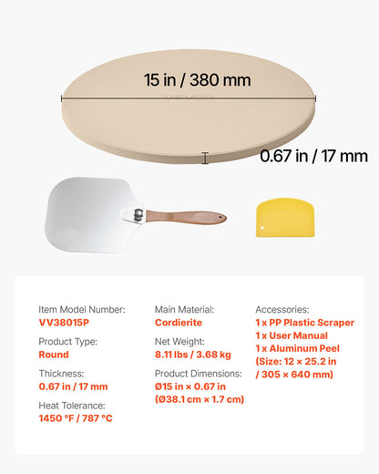 Pizzasten, 381 mm rund pizzasten i kordierit, extra stor baksten med aluminiumskal, 17 mm tjocklek, värmebeständig matlagningskordierit, för köksugn, pizzbakning, grillning