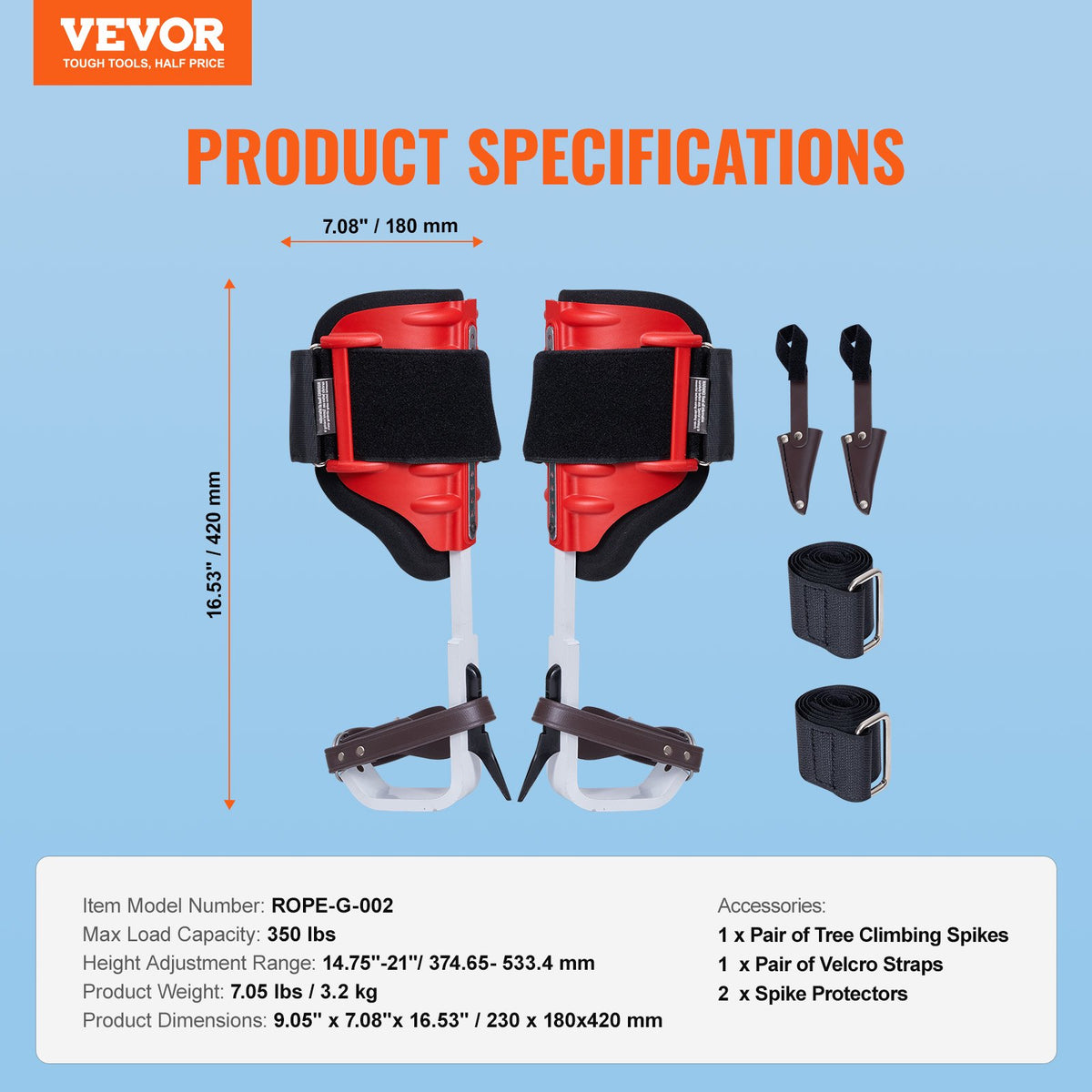 Tree Climbing Spikes, 1 Pair Aluminum Climbing Spurs, 350lbs Load Capacity Tree Climbing Gear with Straps and Spike Protectors, Arborist Equipment for Climbers, Hunting, Fruit Picking, Red