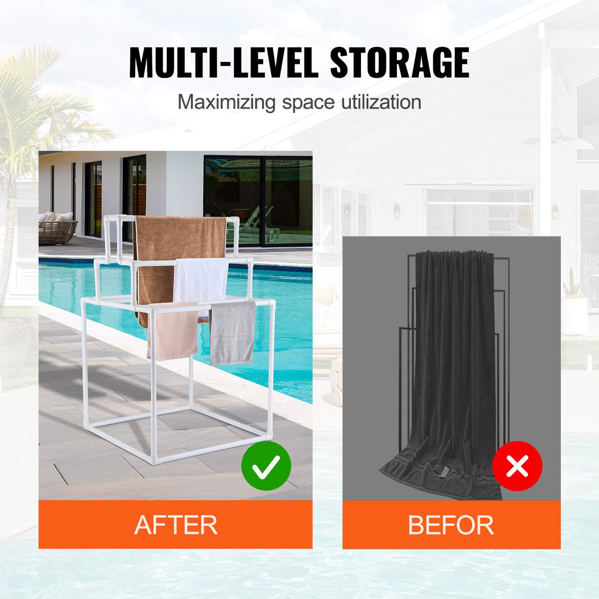 Handdukshängare, 8 stänger för utomhusbruk i PVC, fristående handdukshängare för pool bredvid bubbelpool, torkställning för täcken utomhus och inomhus, perfekt för pool, badrum, spa, vit