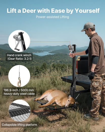 Hitch Deer Hoist with Lifting System Platform, 300 lbs Load Capacity, Game Hoist Winch Lift with 2-inch Receiver, 360-Degree Swivel Shaft & Foldable, Hitch-Mounted Deer Hanger for Moving Game