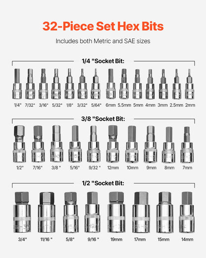 Sexkantshylsnyckelsats, 32 delar, S2-legerat stål och Cr-V-stål, standard SAE och metrisk, 1/4 tum, 3/8 tum och 1/2 tums fästen, med förbättrad förvaringsväska, insexhylsnyckelsats för mekanik, bilreparationer