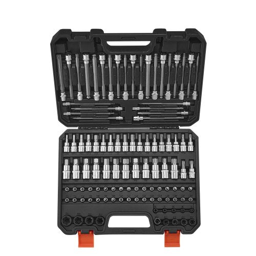 Bitshylsnyckelsats, 107 delar SAE och metrisk, sexkant/Torx/utvändig Torx/manipulationssäker/extra lång, S2-legerat stål och Cr-V-stål, 1/4 tum, 3/8 tum och 1/2 tums fatningar, med förbättrad förvaringsväska, för handbruk
