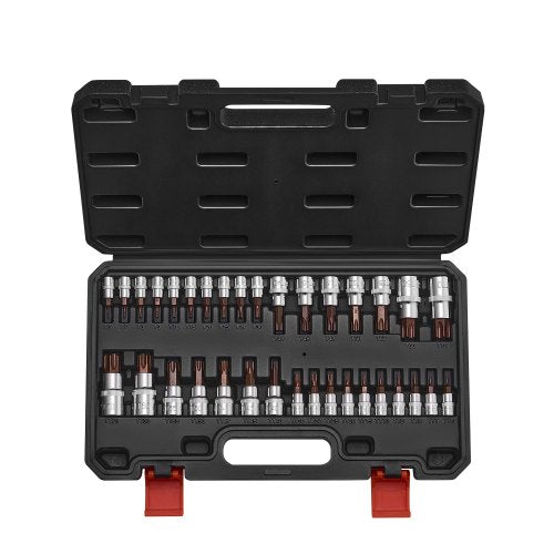 Torx-bitshylssats, 34-delars solid stjärn- och manipulationssäker T6-T70, S2-legerat stål och Cr-V-stål, 1/4-tums, 3/8-tums och 1/2-tums fatningar, med förbättrad förvaringsväska, Torx-hylsor för handbruk