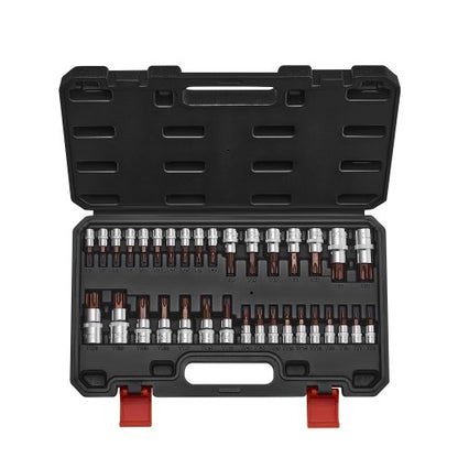 Torx-bitshylssats, 34-delars solid stjärn- och manipulationssäker T6-T70, S2-legerat stål och Cr-V-stål, 1/4-tums, 3/8-tums och 1/2-tums fatningar, med förbättrad förvaringsväska, Torx-hylsor för handbruk