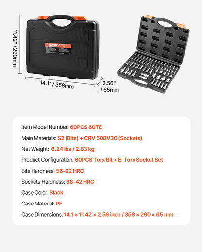 Torx-bitshylssats och utvändig Torx-hylsnyckelsats, 60-delars T6-T70, TT6-TT70, TP8-TP60, E4-E24, S2-legerat stål och Cr-V-stål, 1/4-tums, 3/8-tums och 1/2-tums fatningar, med förbättrad förvaringsväska, för handbruk