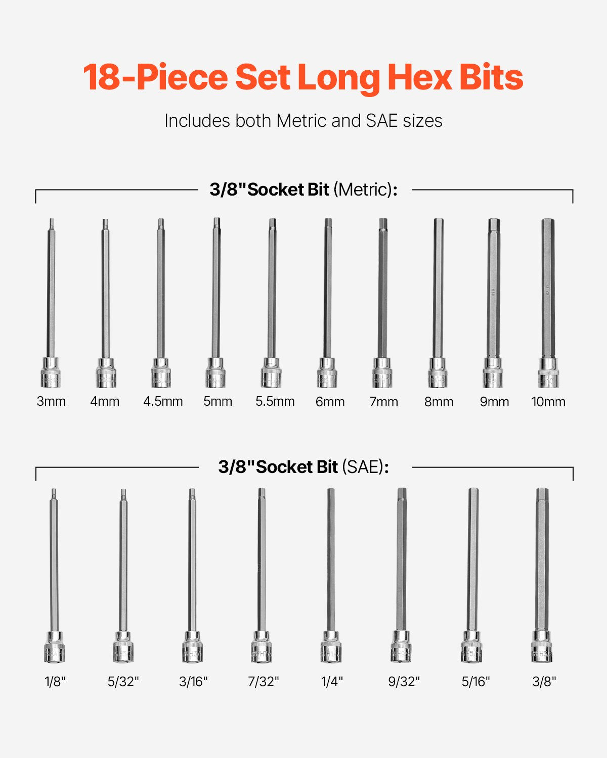 Extra Long Allen Hex Bit Socket Set, 18-Piece 3/8 inch Drive, S2 Alloy Steel and Cr-V Steel, Standard SAE and Metric 1/8-Inch-3/8-Inch, 3-12mm, with Enhanced Storage Case, for Mechanics
