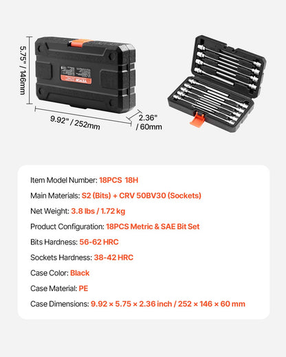 Extra Long Allen Hex Bit Socket Set, 18-Piece 3/8 inch Drive, S2 Alloy Steel and Cr-V Steel, Standard SAE and Metric 1/8-Inch-3/8-Inch, 3-12mm, with Enhanced Storage Case, for Mechanics
