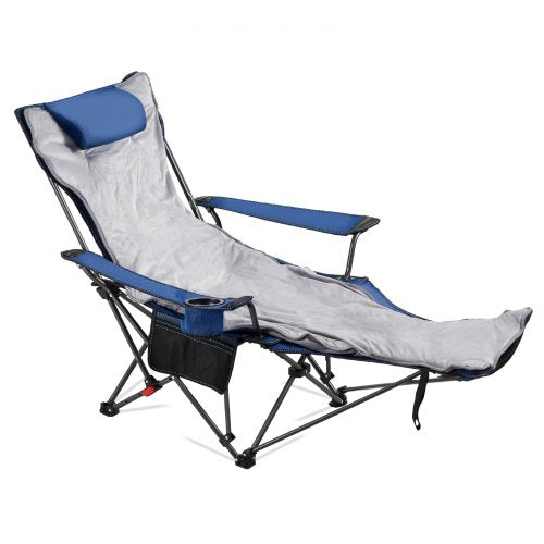 Reclining Camping Chair, 4 Adjustable Positions, Portable Folding Lounger for Adults, Mesh Beach Chair with Footrest & Plush Cushion, Supports 220 lbs, Heavy Duty Camp Chairs for Patio, Blue