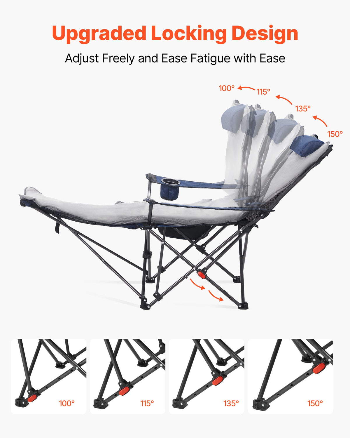 Reclining Camping Chair, 4 Adjustable Positions, Portable Folding Lounger for Adults, Mesh Beach Chair with Footrest & Plush Cushion, Supports 220 lbs, Heavy Duty Camp Chairs for Patio, Blue