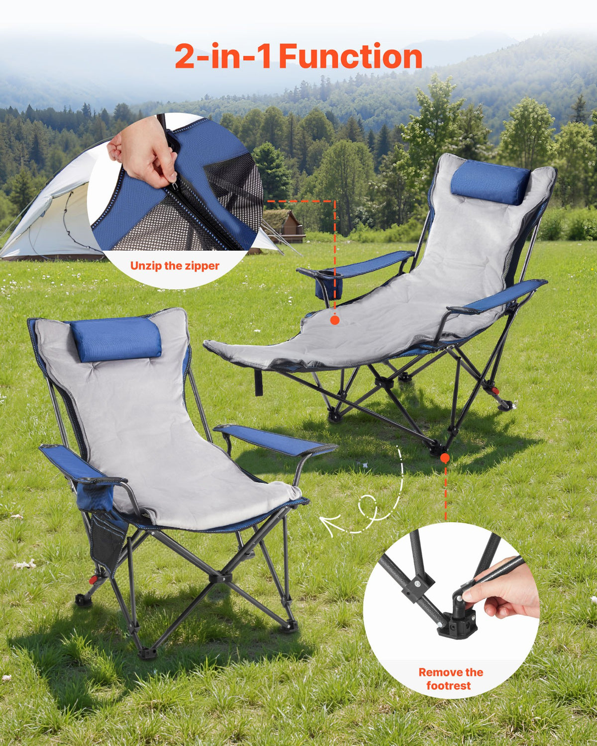 Reclining Camping Chair, 4 Adjustable Positions, Portable Folding Lounger for Adults, Mesh Beach Chair with Footrest & Plush Cushion, Supports 220 lbs, Heavy Duty Camp Chairs for Patio, Blue