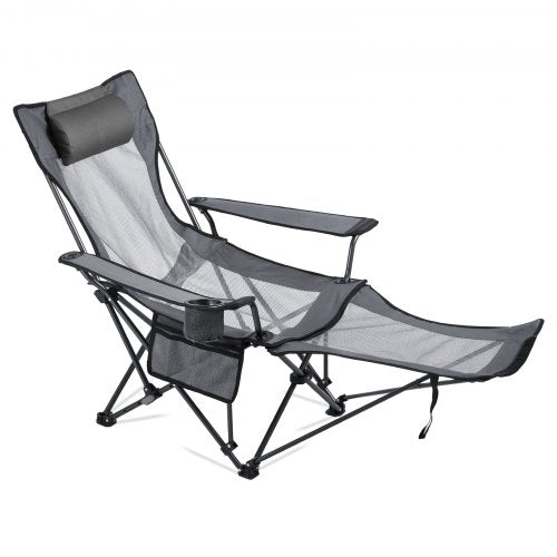 Reclining Camping Chair, 4 Adjustable Positions, Portable Folding Lounger for Adults, Mesh Beach Chair with Headrest & Foot Rest, Supports 220 lbs, Heavy Duty Camp Chairs for Patio, Gray