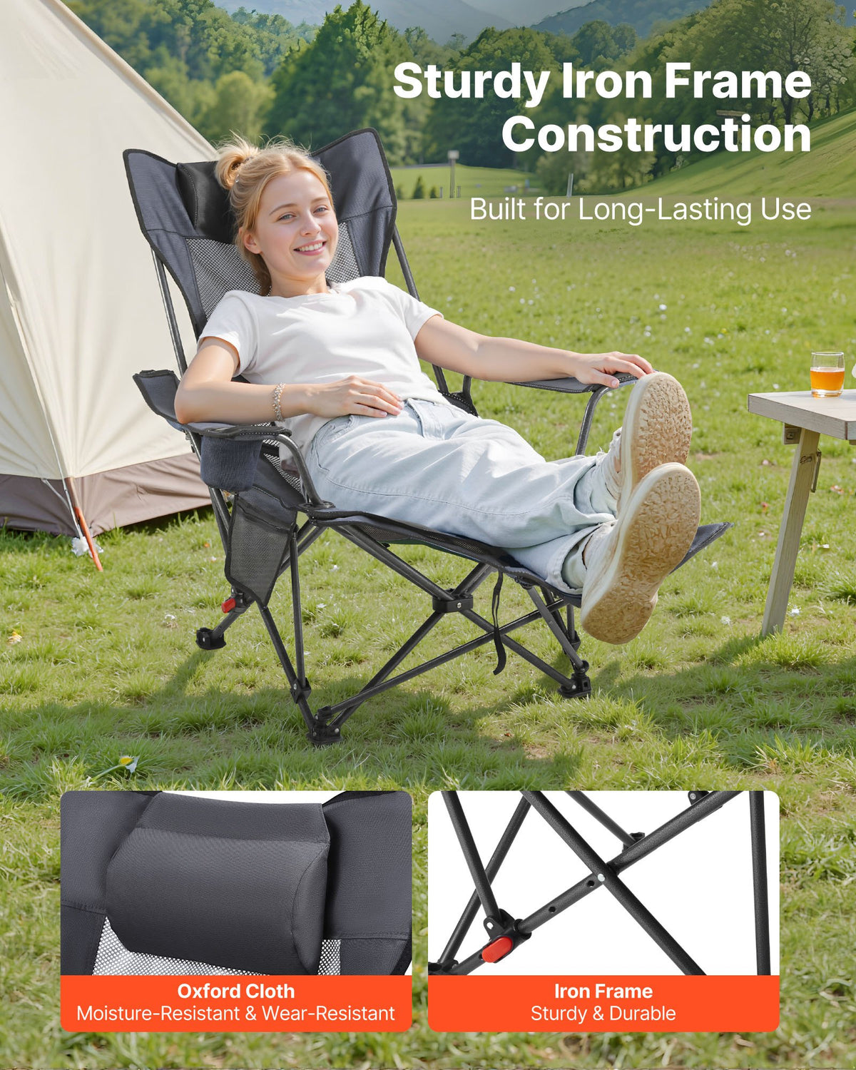 Reclining Camping Chair, 4 Adjustable Positions, Portable Folding Lounger for Adults, Mesh Beach Chair with Headrest & Foot Rest, Supports 220 lbs, Heavy Duty Camp Chairs for Patio, Gray