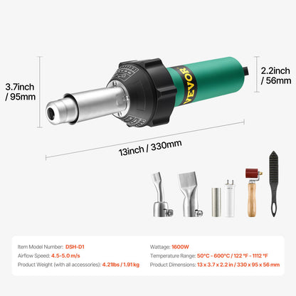 Varmluftssvets för plast, 1600W varmluftspistol, 122-1112℉ PVC TPO vinylvärmepistol svetsbrännare, 5 delar plastsvetsning för takläggning och 2 plana munstycken, 1 falsvals, borste för PP/PE/PVC-skivor