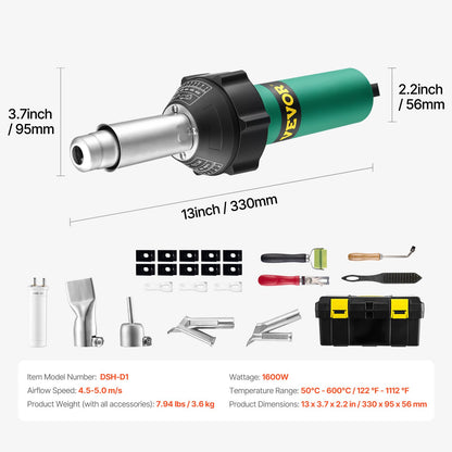 Varmluftssvets för plast, 1600W varmluftspistol, 122-1112℉ PVC TPO vinylvärmepistol svetsbrännare, svetssats för plasttak med 11 tillbehör - verktygslåda, munstycke, rulle, blad för PP/PE/PVC