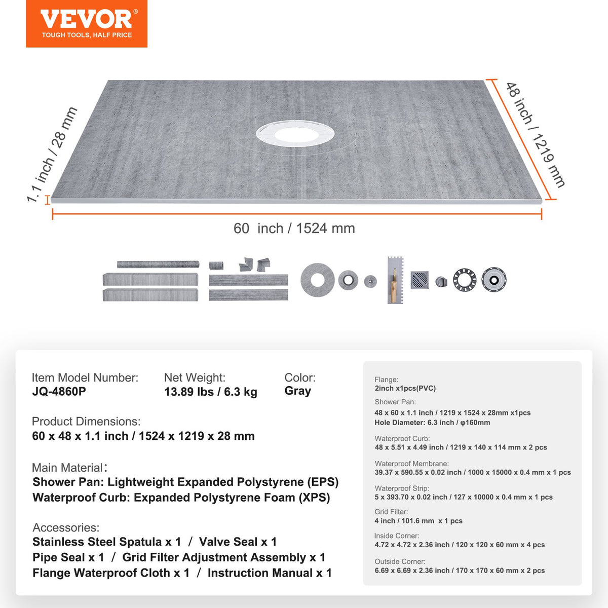 Duschkarkit, 1219x1524 mm duschkarkit med 50,8 mm PVC-centralfläns, vattentätt membran, galler i rostfritt stål och fogmassa, sluttande duschkar, passar för badrum