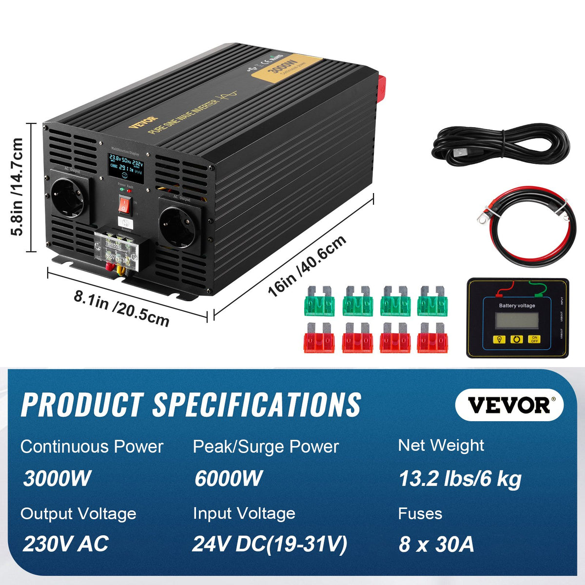 Ren sinusvågsväxelriktare, 3000 watt, DC 24V till AC 230V strömförsörjningsväxelriktare för bil, med USB-port, LCD-skärm, fjärrkontroll och EU-uttag, för husbil, lastbil, bil, solcellssystem, resor, camping